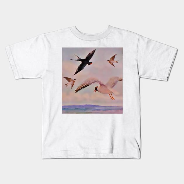 Seagull birds flying over the ocean Kids T-Shirt by Marccelus